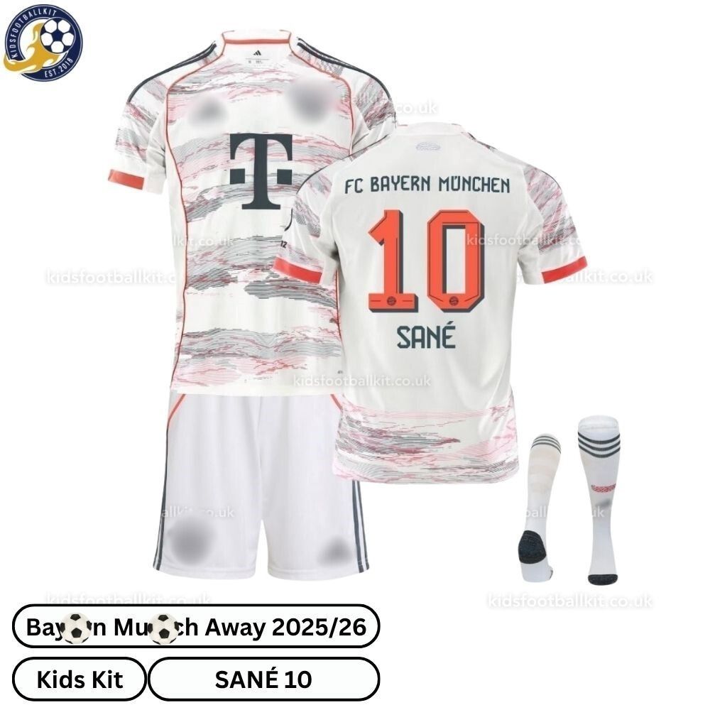 Bay^_^rn Away Kids Football Kit 2025/26 – SANÉ 10 (With Socks)